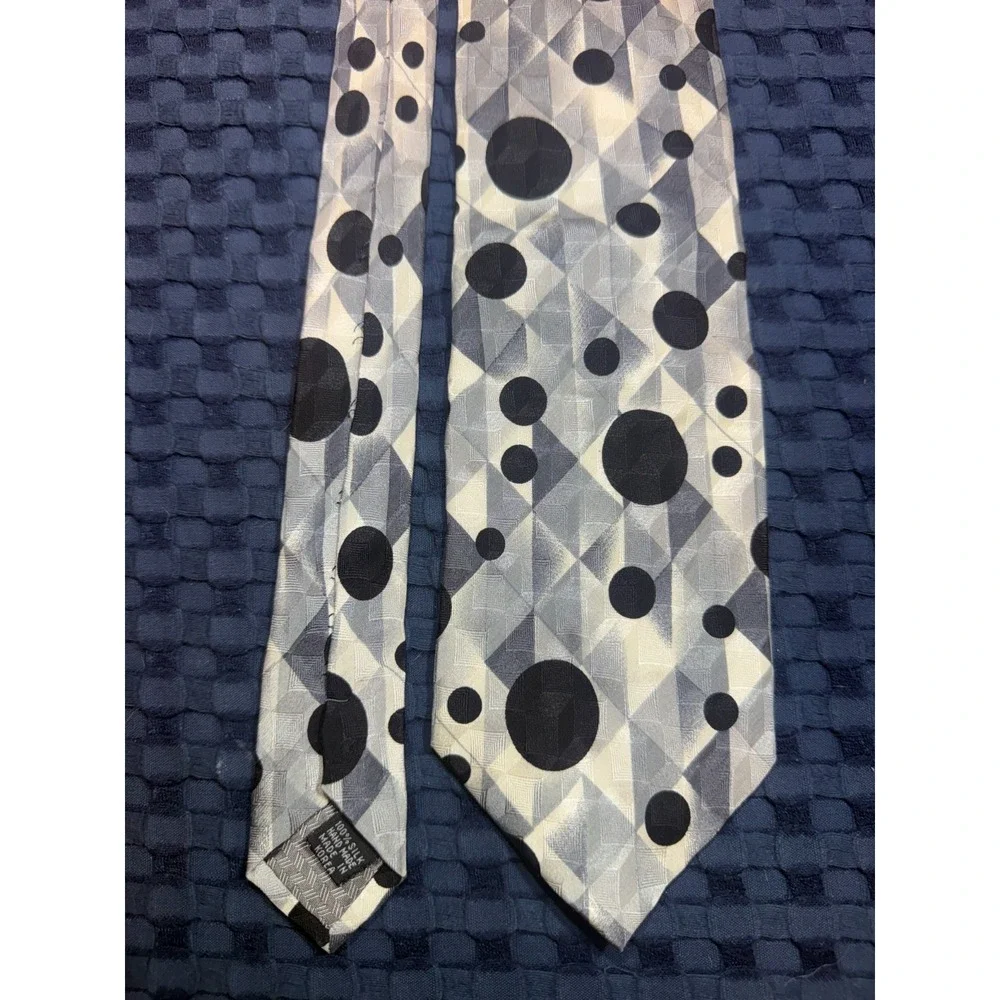Vintage Carlo Palazzi 100% Silk Tie Hand Made Black Silver Polka Dots